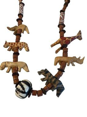 Safari Wooden Animal Beaded Necklace Tribal Accents & Carved Beads Boho Chunky